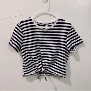 Cropped Navy Striped Short Sleeved Tee
